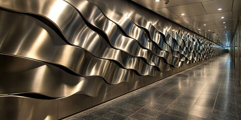 Poster - Wavy metal wall design in a modern urban corridor showcases contemporary architecture and sleek aesthetics