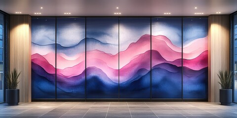 Poster - Colorful abstract mural in a modern lobby showcasing flowing waves of pink and blue hues during the afternoon light
