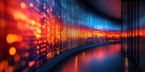 Poster - Colorful illuminated wall projection creates a modern visual display in an indoor corridor at night