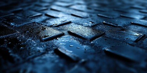 Poster - Textured surface with reflections of water droplets captured in a moody, dimly lit setting