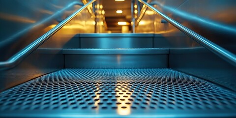 Poster - Stainless steel staircase illuminated by soft lighting in a modern building during the evening