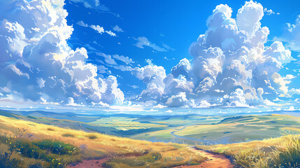 Wall Mural - Sunny Day in the Rolling Hills, Path to the Valley