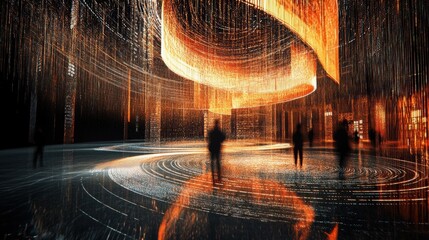 Wall Mural - Businesspeople walking through a futuristic manufacturing hall, illuminated by vibrant orange lights, surrounded by impressive big data visualizations and innovative technology