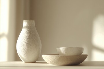 Wall Mural - A simple still life arrangement featuring a white vase alongside a bowl on a wooden table