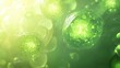 © qois - Abstract illustration of glowing green cells, microscopic view of biological entities in a vibrant light-filled environment