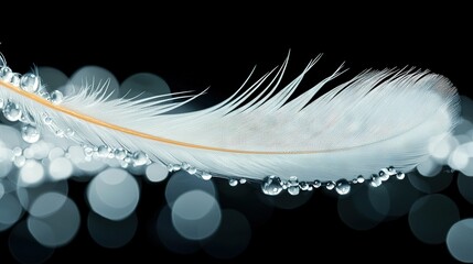 Wall Mural -   A close-up of a white feather with droplets of water on its feathers, floating on a black background