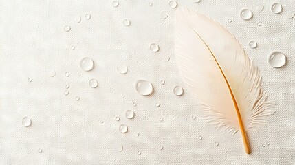 Wall Mural -   Feather atop white surface with water droplets