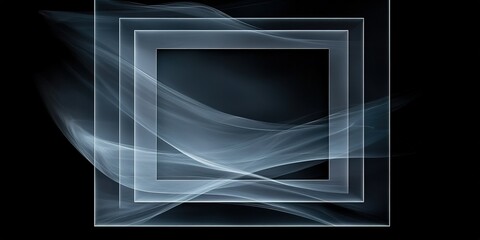 Poster - abstract design featuring overlapping transparent squares with flowing curves and dark background