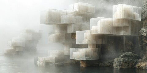 Wall Mural - Modern architectural structures emerge from misty waters near rocky coastline at dawn