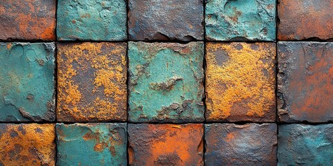 Poster - Colorful textured tiles with orange and turquoise tones create a captivating visual display on the surface