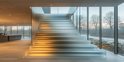 Poster - Contemporary staircase with illuminated steps in a modern architectural space during early morning light