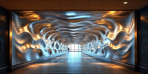 Poster - Artistic corridor with wavy metallic wall features illuminated by natural light in a contemporary building setting