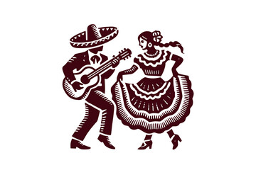 Minimalist icon of dancing Mexican couple, black vintage logo style