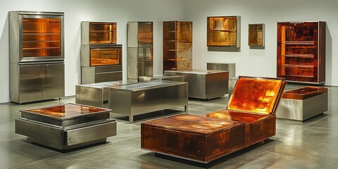 Poster - Modern furniture installation featuring metallic and amber glass designs in a contemporary gallery setting