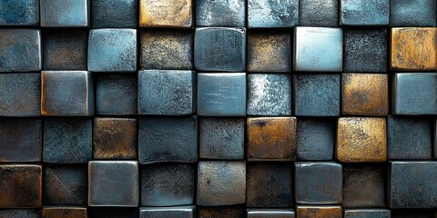 Poster - Textured abstract wall made of various metallic blocks in different shades and finishes