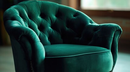 Poster - A single green chair sits in front of a window with a view