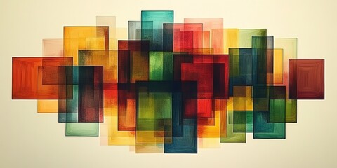 Poster - Vibrant abstract composition featuring layered geometric shapes in various colors on a soft background