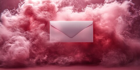 Wall Mural - Envelope appears in a cloud of pink smoke, creating a surreal and dramatic effect in an abstract composition