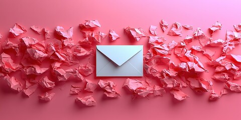 Poster - Crumpled pink paper surrounds a white envelope on a vibrant pink backdrop during a creative workspace moment