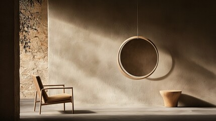 Wall Mural -   A cozy corner featuring a chair, round mirrors on either side, and a potted plant