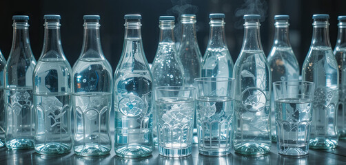 Aufkleber - Multiple glass bottles and tumblers filled with clear water are arranged on a flat surface, creating a sparkling effect in a well-lit environment