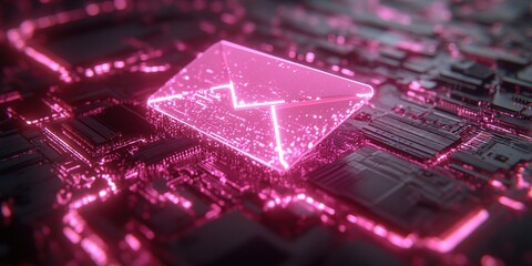 Poster - Digital network concept featuring glowing envelope symbol over computer circuitry in vibrant pink tones
