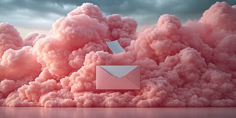 Poster - Pink clouds surround floating envelopes in a whimsical display of creativity and imagination