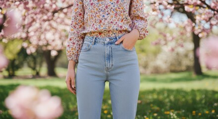 Wall Mural - Woman in floral blouse and jeans in spring blossom garden