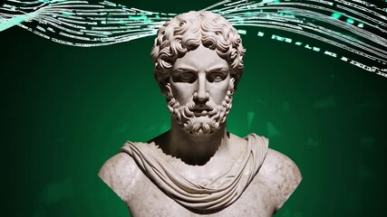Poster - Marble bust of a roman emperor emerging from a flowing stream of green digital binary code, merging ancient history with modern technology in a striking visual contrast