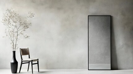 Wall Mural -   A chair, adjacent to a tall mirror, sits near a table with a flower-laden vase