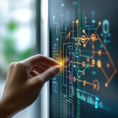Poster - A person interacts with a computer screen by pressing a button
