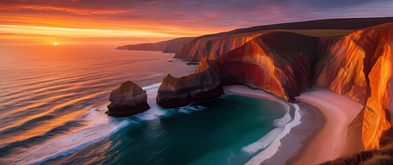 Fototapete - Breathtaking coastal view framed by colorful cliffs and a stunning sunset