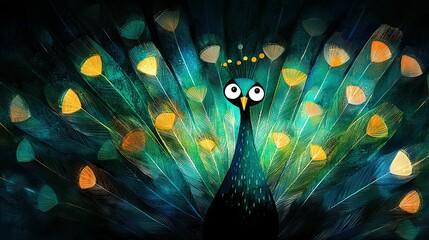 Wall Mural -   Peacock feathered painting, head and eyes glistening Black backdrop