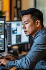 Aufkleber - a person sitting at a desk with two computer monitors