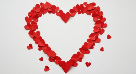 Poster - A heart made of red paper hearts positioned in the center on white background the hearts are of various sizes and shapes romantic paper hearts Valentine's Day background