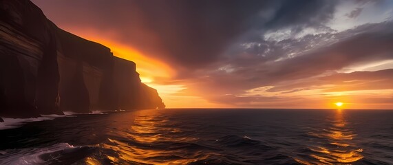Fototapete - Captivating sunset illuminating dramatic cliffs over the ocean creating breathtaking beauty