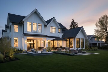 Luxurious modern farmhouse glows under the twilight sky, showcasing its elegant design and expansive backyard