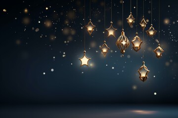 Poster - Ramadan kareem greeting card with golden star shaped lights and lanterns hanging on dark blue background with bokeh effect