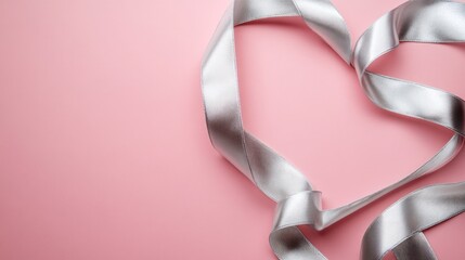 Wall Mural - A silver heart-shaped ribbon on a pink background