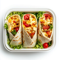 Poster - Clamshell Container of Breakfast Burritos, Clamshell Container, top view, stock photo, isolated on white, food setting