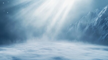 Poster - A vast, softly lit backdrop with subtle shadows. A spotlight casts a hazy glow, creating a wintery atmosphere. Perfect for showcasing products, cosmetics, or food for branding or presentations.