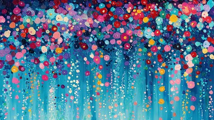 Wall Mural -   A vibrant painting of a blue forest with diverse-sized, multicolored circles against a blue backdrop