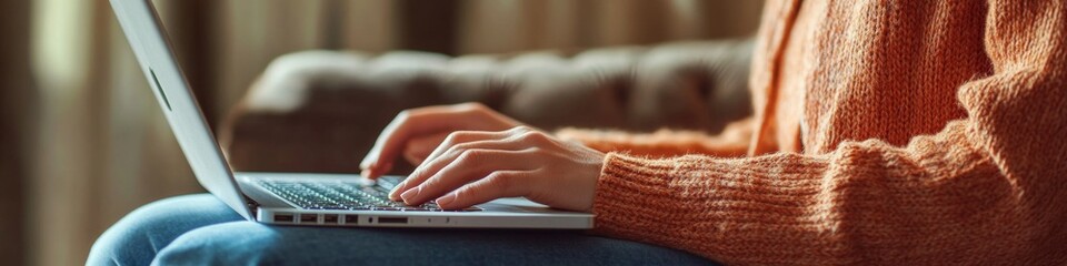 Poster - a woman sits on a couch using a laptop computer, a common scene in modern life