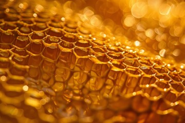 Poster - golden honeycomb dripping with honey making beautiful hexagon shapes filled with fresh nectar
