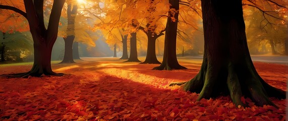 Wall Mural - Enchanting autumn scene showcasing fallen leaves carpeting the ground in vibrant colors