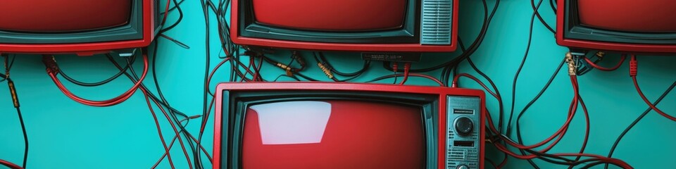 Poster - A collection of identical red televisions placed together, ready for use