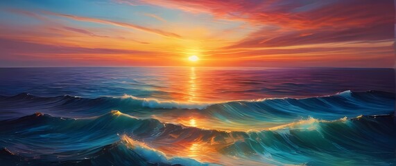 Fototapete - Enchanting view of the ocean at sunrise with vibrant colors painting the horizon