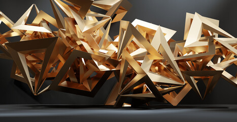 Fototapete - Abstract sharp gold polygon with black background 3d rendering
