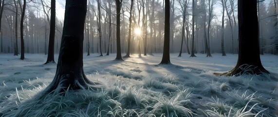 Wall Mural - Glistening frost covering the ground in a tranquil forest during a peaceful winter morning