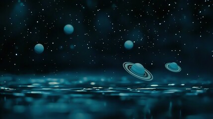 Wall Mural -  Space Scene with Planets and Stars Reflected in Water